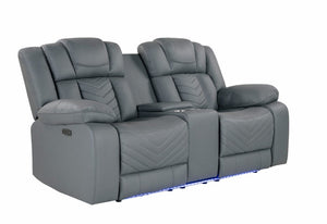 English Elm Raize Power Reclining Loveseat with LED Lighting Sound System and Grey Polyester Fabric B201P557694