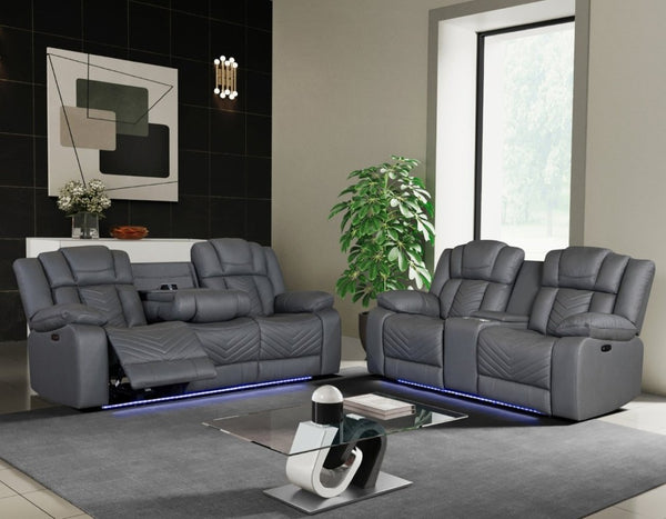 English Elm Raize Power Reclining Loveseat with LED Lighting Sound System and Grey Polyester Fabric B201P557694