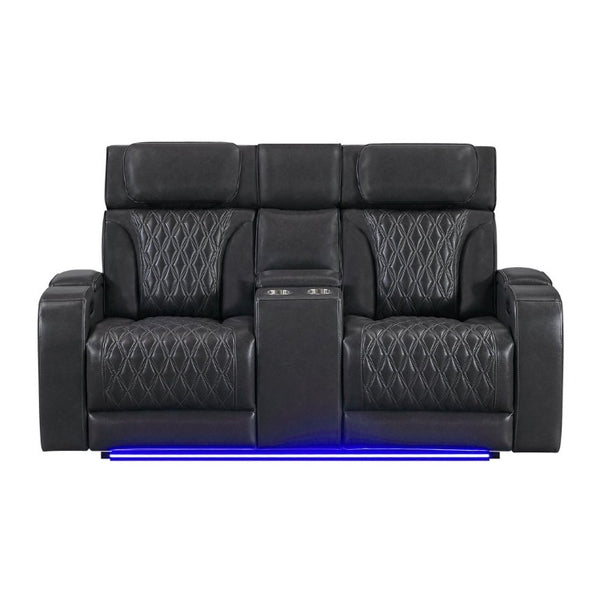 English Elm Julian Power Reclining Loveseat with LED Lighting Bluetooth Speaker and Storage Console Charcoal B201P557705