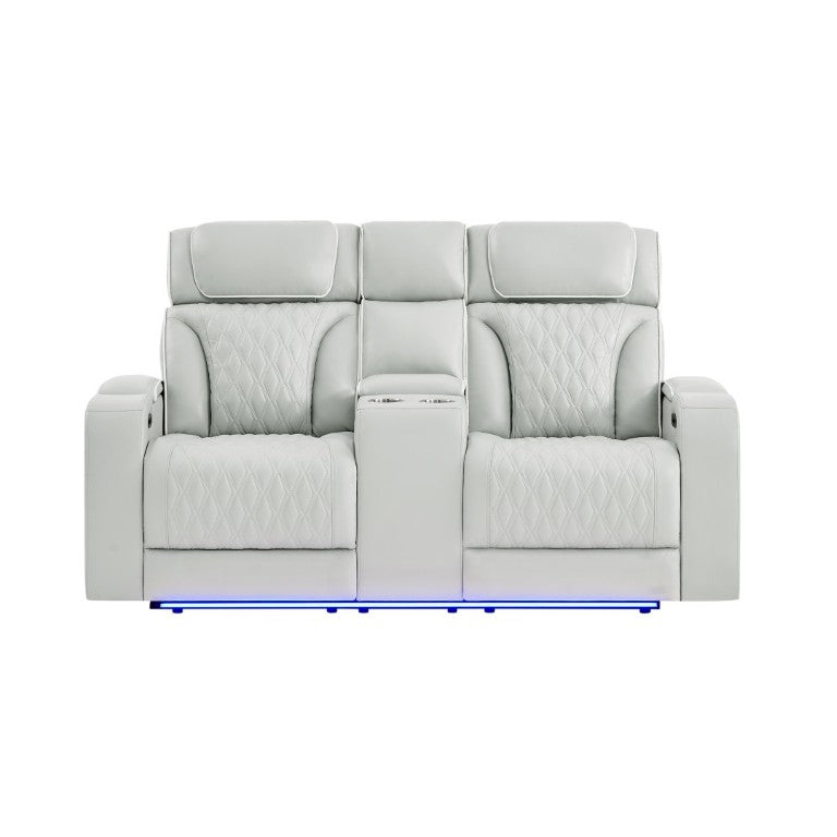 English Elm Julian Power Reclining Loveseat with LED Lighting Bluetooth Speaker and Storage Console Silver B201P557728