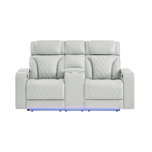 English Elm Julian Power Reclining Loveseat with LED Lighting Bluetooth Speaker and Storage Console Silver B201P557728