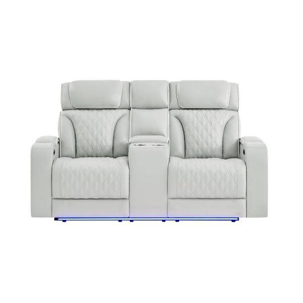 English Elm Julian Power Reclining Loveseat with LED Lighting Bluetooth Speaker and Storage Console Silver B201P557728