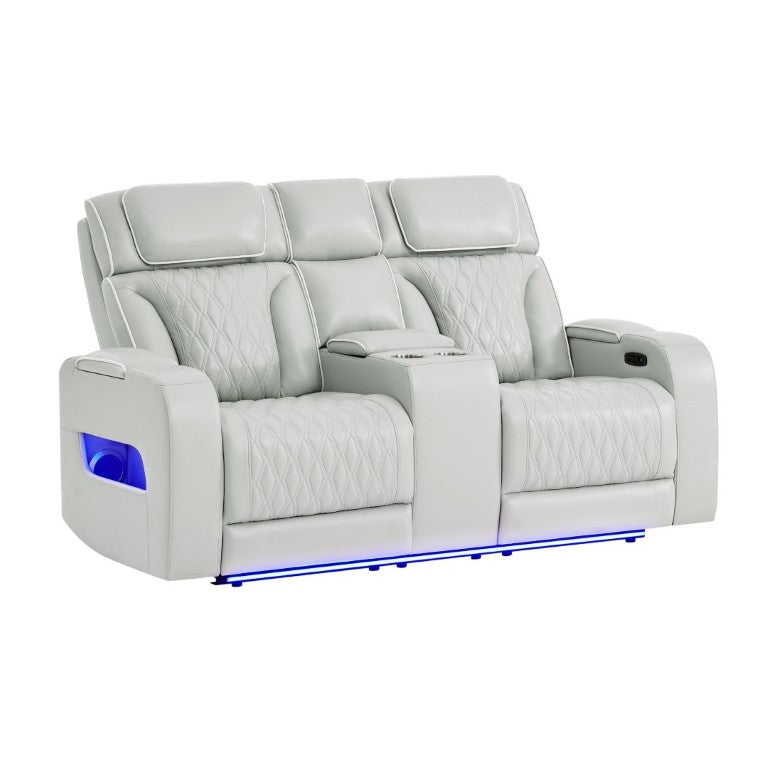 English Elm Julian Power Reclining Loveseat with LED Lighting Bluetooth Speaker and Storage Console Silver B201P557728