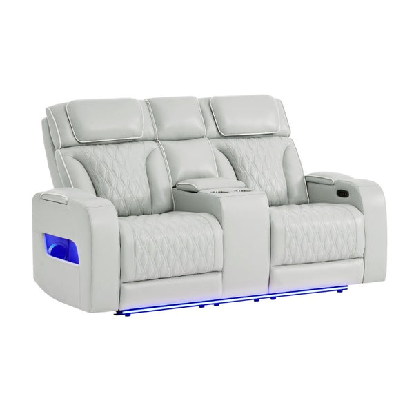 English Elm Julian Power Reclining Loveseat with LED Lighting Bluetooth Speaker and Storage Console Silver B201P557728