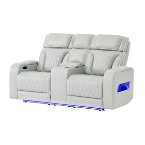 English Elm Julian Power Reclining Loveseat with LED Lighting Bluetooth Speaker and Storage Console Silver B201P557728
