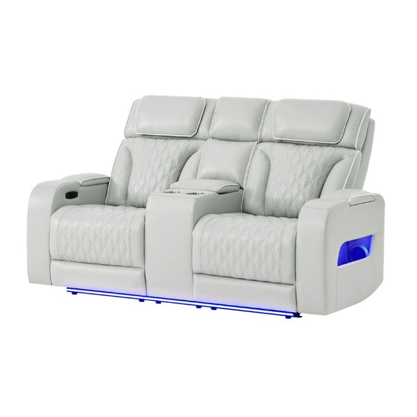 English Elm Julian Power Reclining Loveseat with LED Lighting Bluetooth Speaker and Storage Console Silver B201P557728