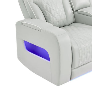 English Elm Julian Power Reclining Loveseat with LED Lighting Bluetooth Speaker and Storage Console Silver B201P557728