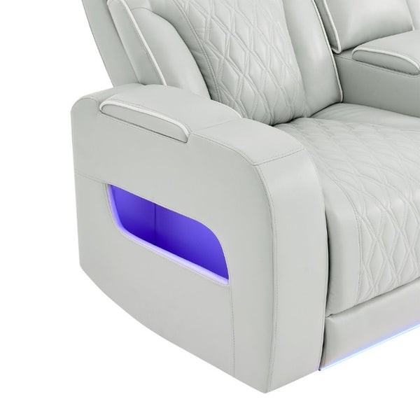 English Elm Julian Power Reclining Loveseat with LED Lighting Bluetooth Speaker and Storage Console Silver B201P557728