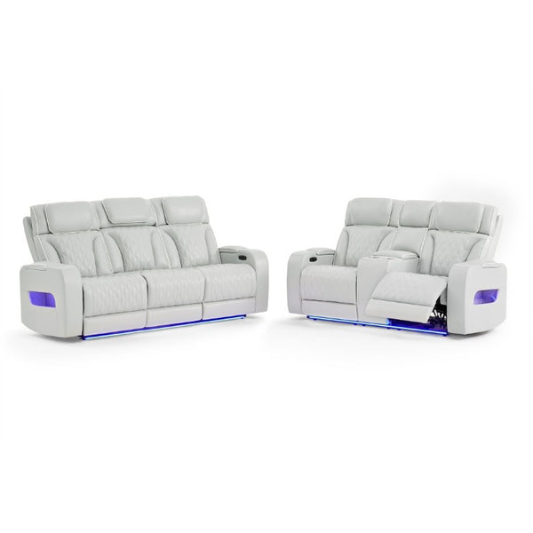 English Elm Julian Power Reclining Loveseat with LED Lighting Bluetooth Speaker and Storage Console Silver B201P557728
