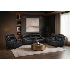 English Elm Gary Power Reclining Loveseat in Black Leather with Console and Built-In Cooler B201P561019
