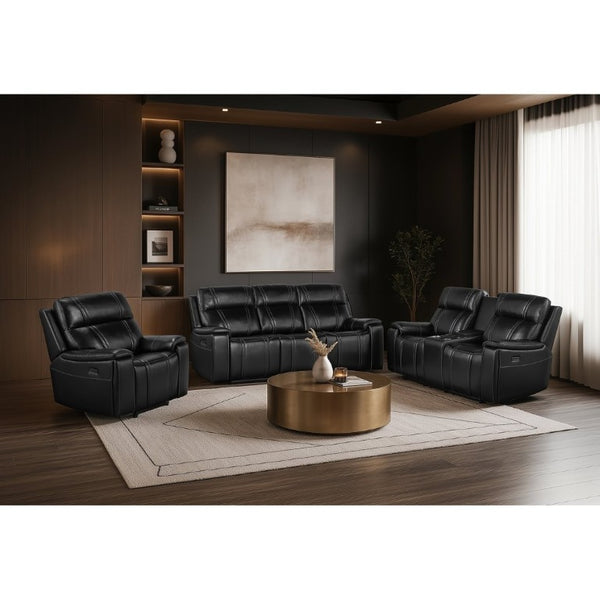 English Elm Gary Power Reclining Loveseat in Black Leather with Console and Built-In Cooler B201P561019