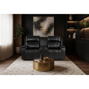 English Elm Gary Power Reclining Loveseat in Black Leather with Console and Built-In Cooler B201P561019