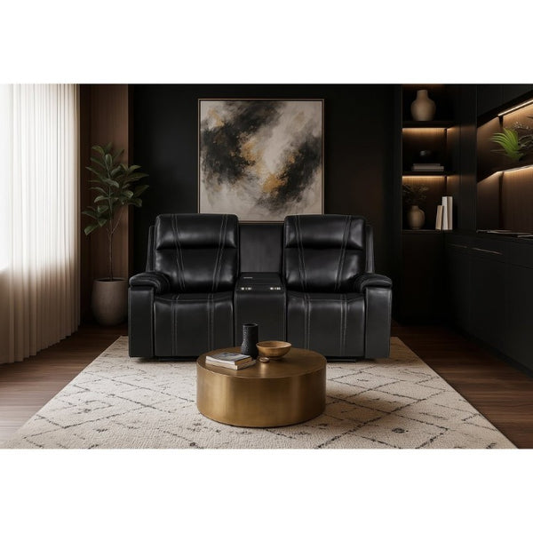 English Elm Gary Power Reclining Loveseat in Black Leather with Console and Built-In Cooler B201P561019