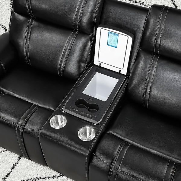 English Elm Gary Power Reclining Loveseat in Black Leather with Console and Built-In Cooler B201P561019