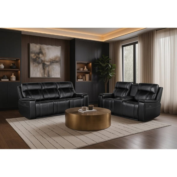 English Elm Gary Power Reclining Loveseat in Black Leather with Console and Built-In Cooler B201P561019