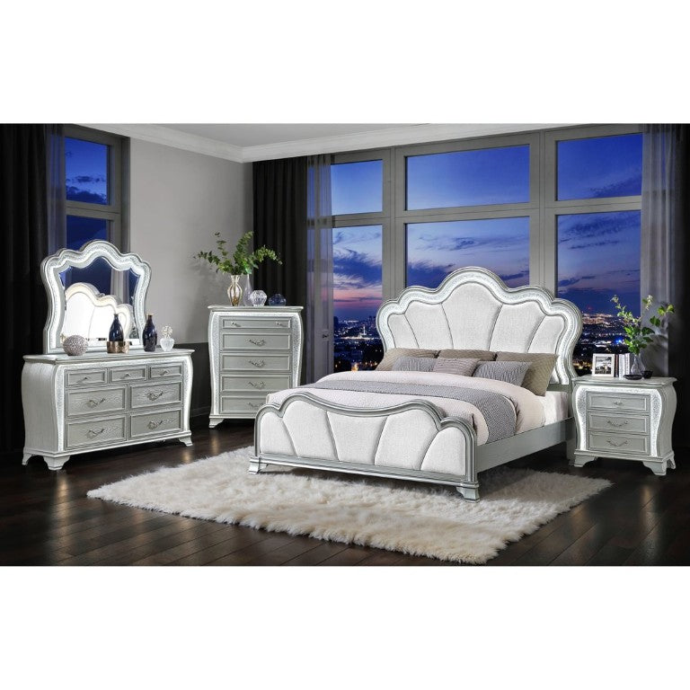 English Elm Aurelia King Bedroom Set Glam Silver Finish with LED Lighting and Glitter Headboard B201S00520