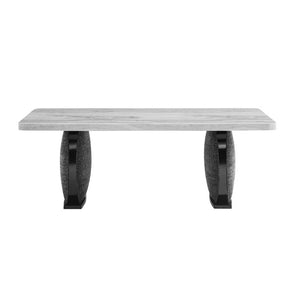 English Elm Fabric Faux Marble Rectangular Dining Table with Double Pedestal Base Seats Eight B201S00530