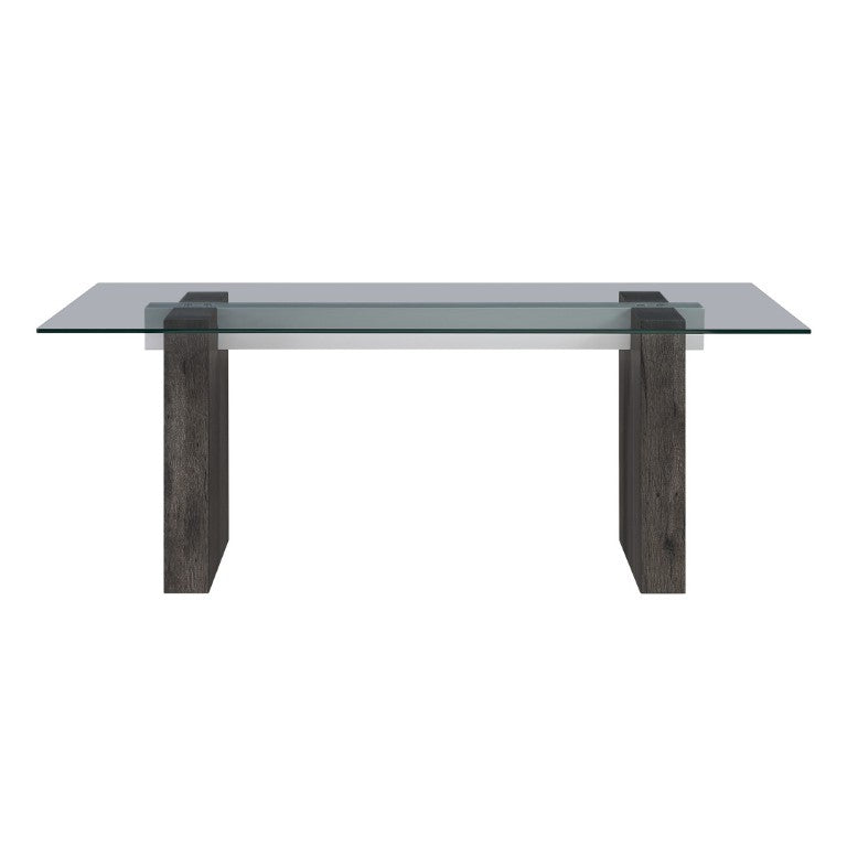 English Elm Grey Washed Panel Leg Glass Top Dining Table Seats Six for Modern Spaces B201S00533