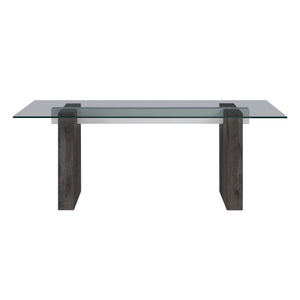 English Elm Grey Washed Panel Leg Glass Top Dining Table Seats Six for Modern Spaces B201S00533