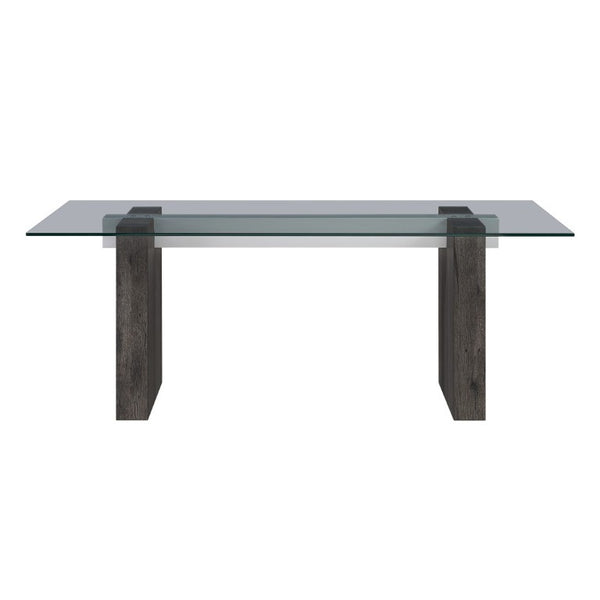 English Elm Grey Washed Panel Leg Glass Top Dining Table Seats Six for Modern Spaces B201S00533
