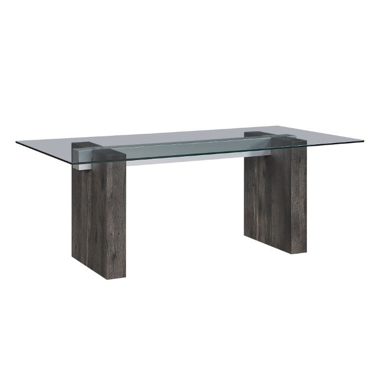 English Elm Grey Washed Panel Leg Glass Top Dining Table Seats Six for Modern Spaces B201S00533