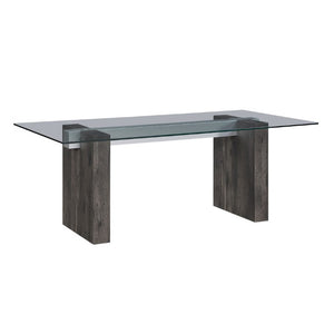English Elm Grey Washed Panel Leg Glass Top Dining Table Seats Six for Modern Spaces B201S00533