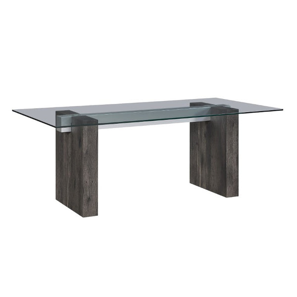 English Elm Grey Washed Panel Leg Glass Top Dining Table Seats Six for Modern Spaces B201S00533