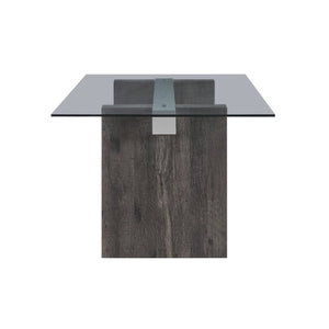 English Elm Grey Washed Panel Leg Glass Top Dining Table Seats Six for Modern Spaces B201S00533