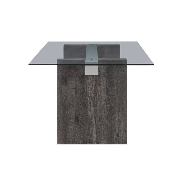 English Elm Grey Washed Panel Leg Glass Top Dining Table Seats Six for Modern Spaces B201S00533