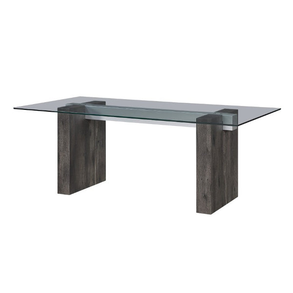 English Elm Grey Washed Panel Leg Glass Top Dining Table Seats Six for Modern Spaces B201S00533