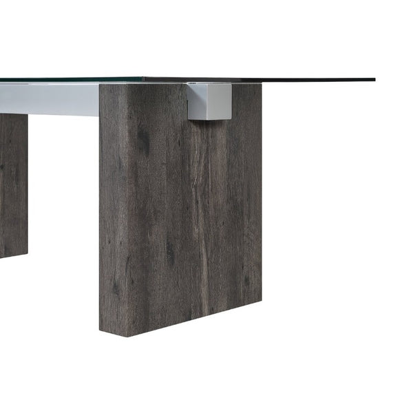English Elm Grey Washed Panel Leg Glass Top Dining Table Seats Six for Modern Spaces B201S00533