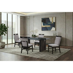 English Elm Grey Washed Panel Leg Glass Top Dining Table Seats Six for Modern Spaces B201S00533