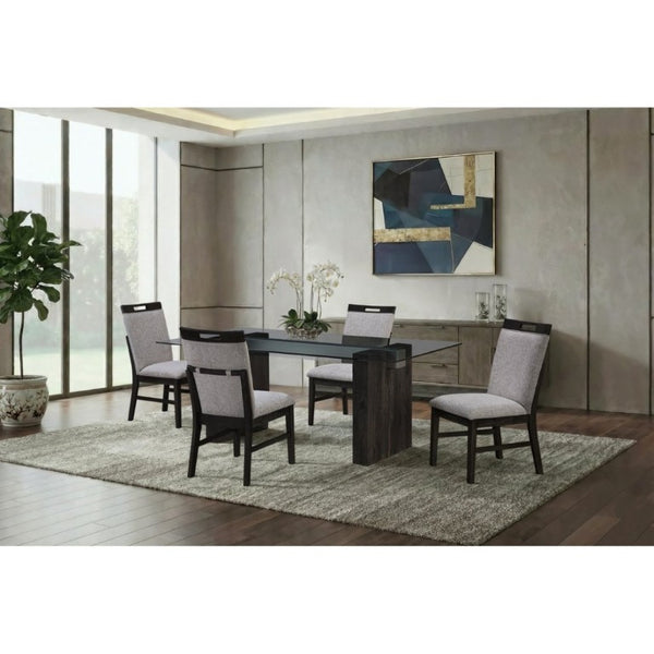 English Elm Grey Washed Panel Leg Glass Top Dining Table Seats Six for Modern Spaces B201S00533