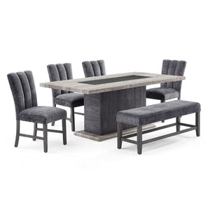 English Elm Dark Gray Washed Plank Dining Table with Storage Pedestal Base Seats Six B201S00535