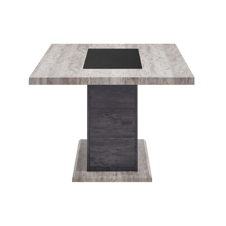 English Elm Dark Gray Washed Plank Dining Table with Storage Pedestal Base Seats Six B201S00535