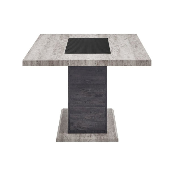 English Elm Dark Gray Washed Plank Dining Table with Storage Pedestal Base Seats Six B201S00535