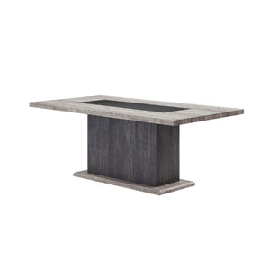 English Elm Dark Gray Washed Plank Dining Table with Storage Pedestal Base Seats Six B201S00535