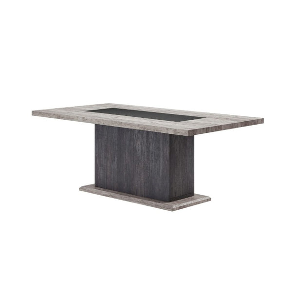 English Elm Dark Gray Washed Plank Dining Table with Storage Pedestal Base Seats Six B201S00535