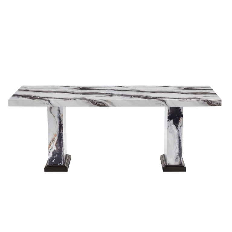 English Elm Black and White Faux Marble Rectangular Dining Table with Double Pedestal Seats 6 B201S00536