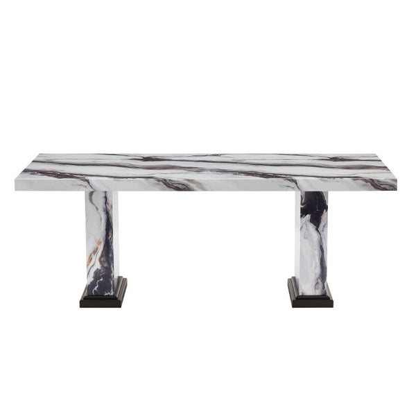 English Elm Black and White Faux Marble Rectangular Dining Table with Double Pedestal Seats 6 B201S00536