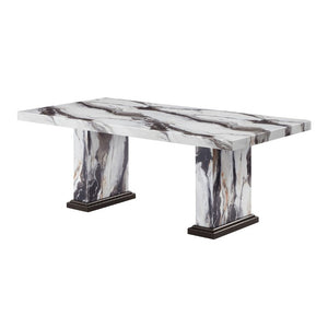English Elm Black and White Faux Marble Rectangular Dining Table with Double Pedestal Seats 6 B201S00536