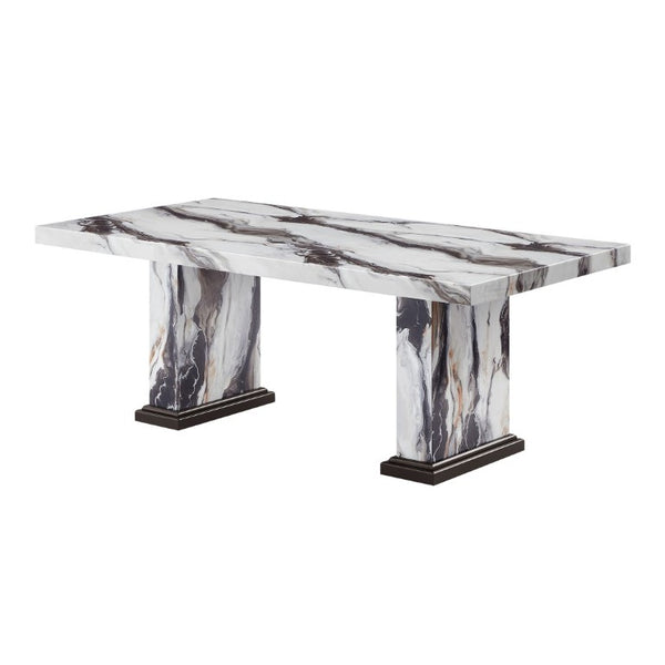 English Elm Black and White Faux Marble Rectangular Dining Table with Double Pedestal Seats 6 B201S00536