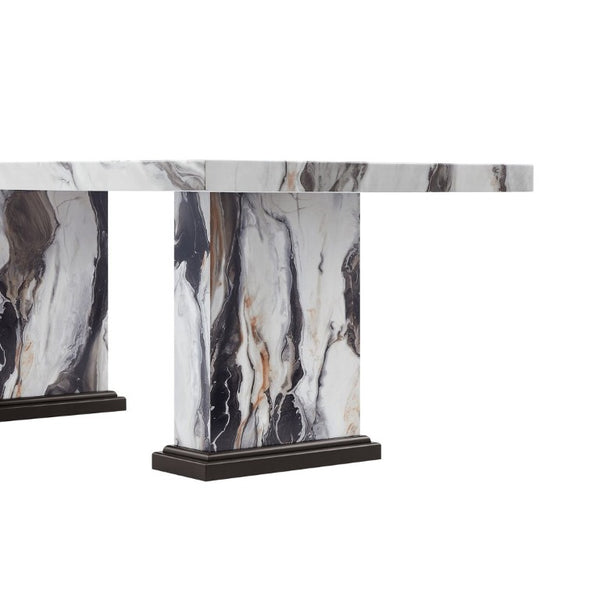 English Elm Black and White Faux Marble Rectangular Dining Table with Double Pedestal Seats 6 B201S00536