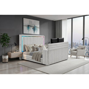 English Elm Elliot Grey King Platform Bed with Motorized TV Lift Fireplace and LED Lighting B201S00538