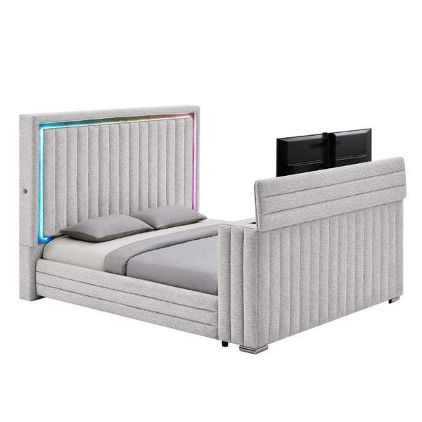 English Elm Elliot Grey King Platform Bed with Motorized TV Lift Fireplace and LED Lighting B201S00538
