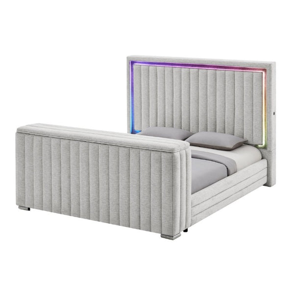 English Elm Elliot Grey King Platform Bed with Motorized TV Lift Fireplace and LED Lighting B201S00538