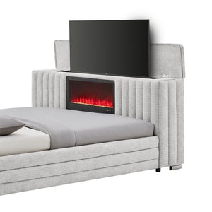 English Elm Elliot Grey King Platform Bed with Motorized TV Lift Fireplace and LED Lighting B201S00538