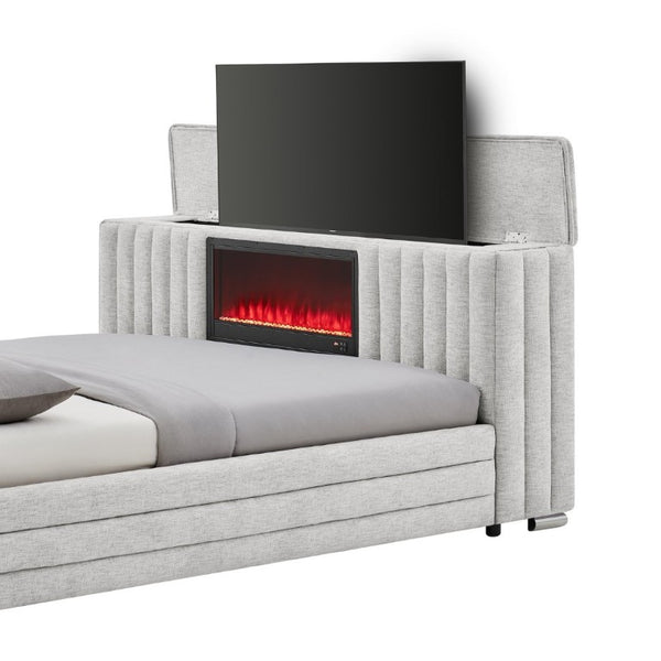 English Elm Elliot Grey King Platform Bed with Motorized TV Lift Fireplace and LED Lighting B201S00538