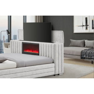 English Elm Elliot Grey King Platform Bed with Motorized TV Lift Fireplace and LED Lighting B201S00538