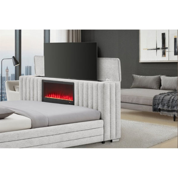 English Elm Elliot Grey King Platform Bed with Motorized TV Lift Fireplace and LED Lighting B201S00538
